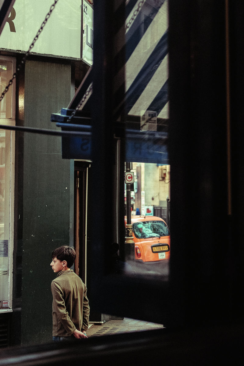 Boy Under Blue Striped Awning (A3 42x29cm)